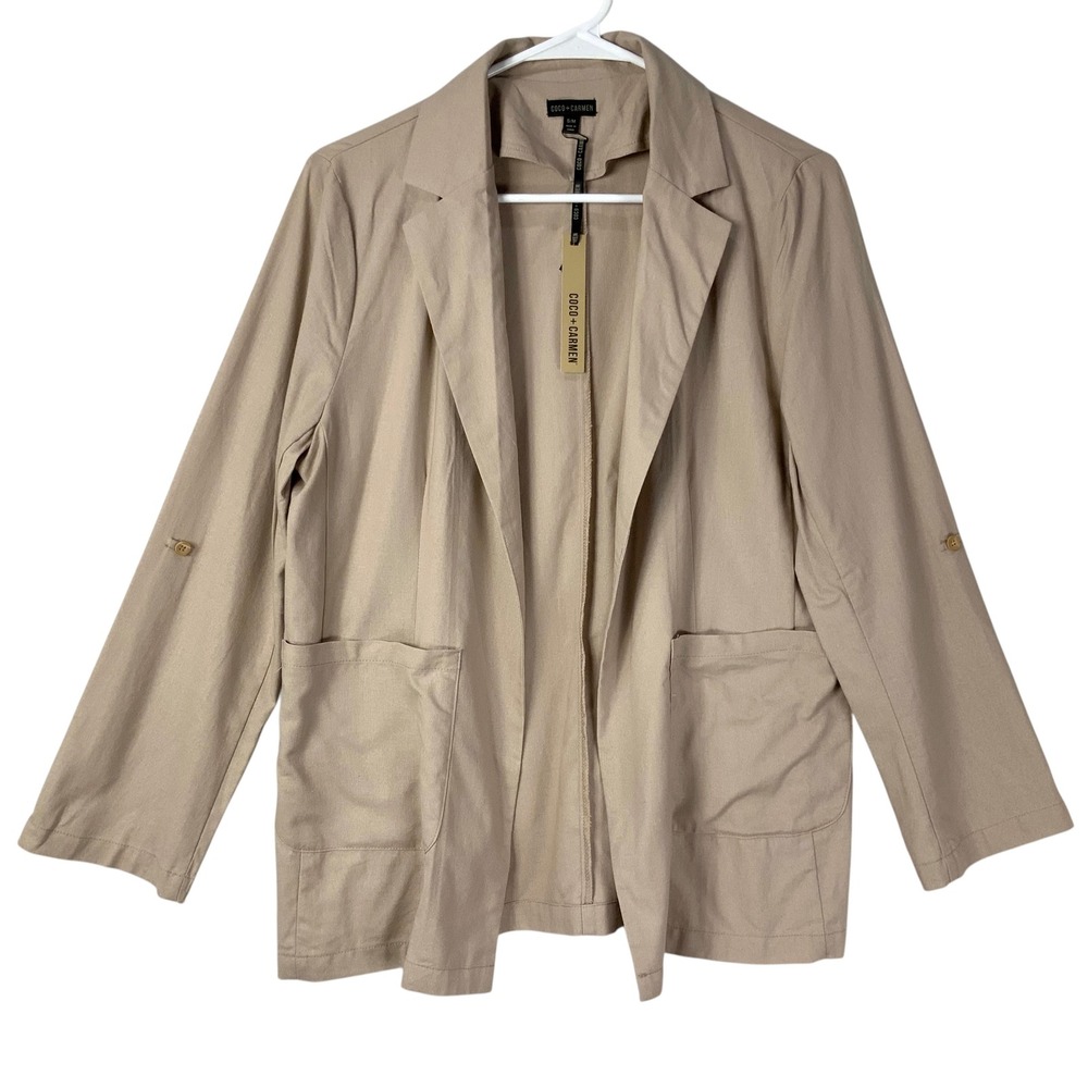 Coco + Carmen Tan Linen Blend Blazer S/M Open Front Notched Lapel Button Tab